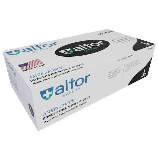 Altor Safety Disposable Gloves, Exam Grade, Nitrile, 4 mil, Powder-Free, L, 100 PK, Black 30140B - main